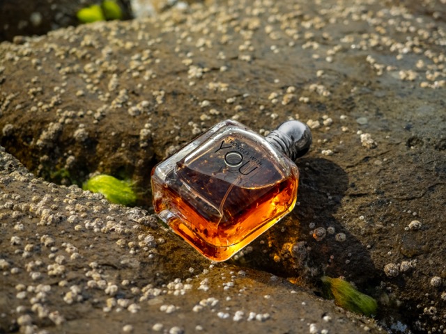 Profumo Emporio Armani Stronger With You sdraiato su roccia con conchiglie ed alghe - product photography fragranze in ambientazione marina naturale